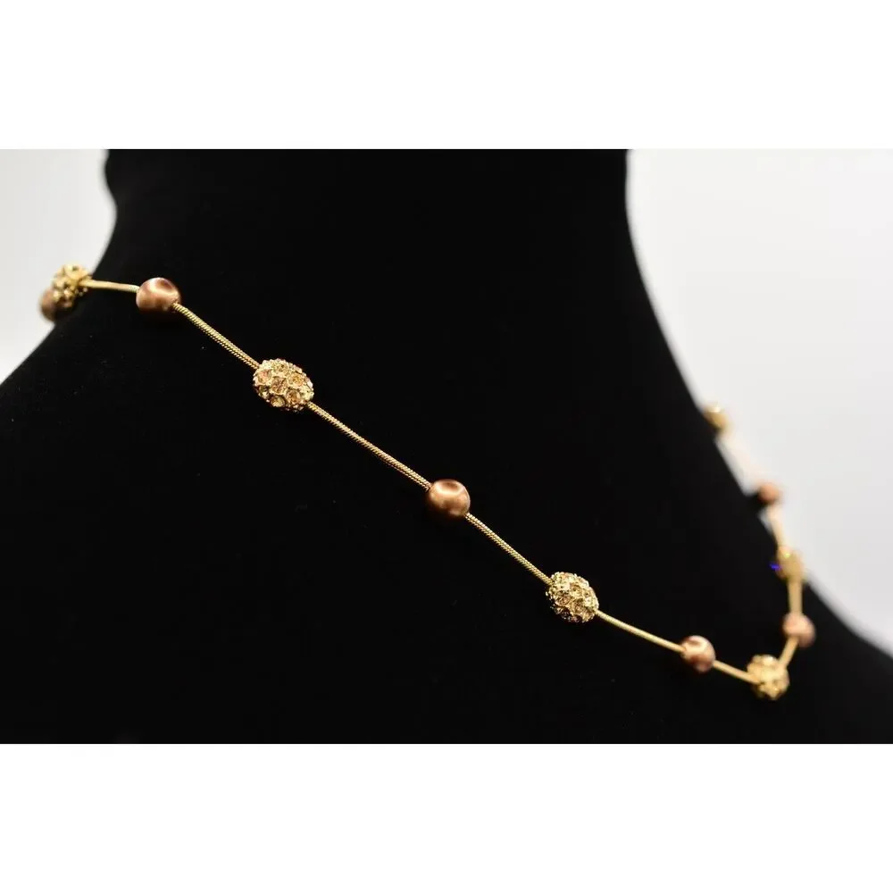 Monet Vintage Collar Necklace Bronze Pearl Beaded Crystal Signed Bin4B